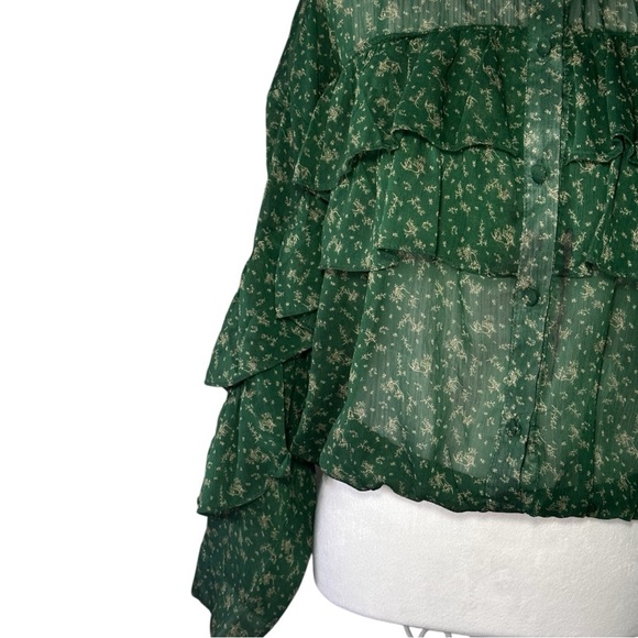 LOTUS & LAVENDER silky pleated green top long sleeve button up round Neck XL - Picture 2 of 5